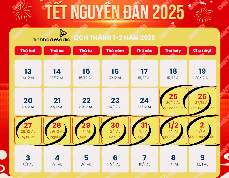 Lịch nghỉ Tết Ất Tỵ 2025